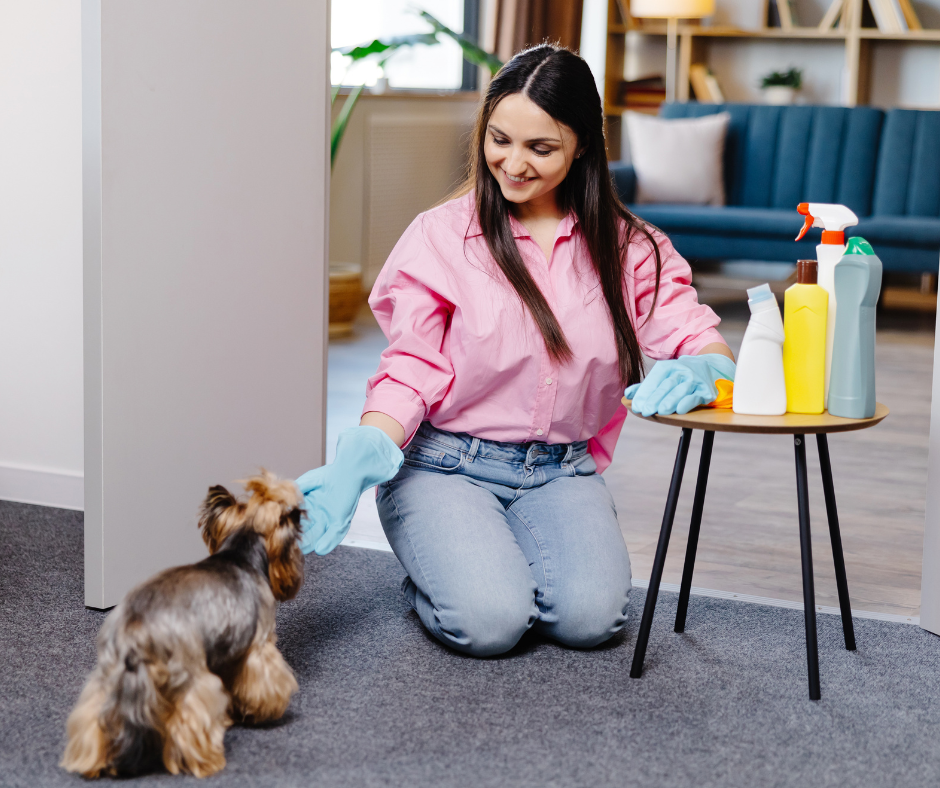 woman cleaning with dog
